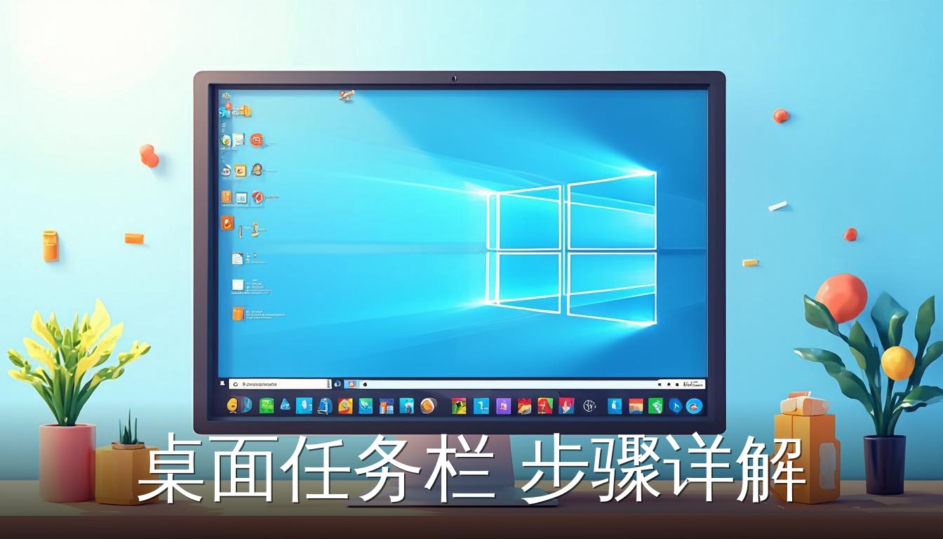 Windows 11桌面任务栏的扁平插画，展示任务栏图标排列