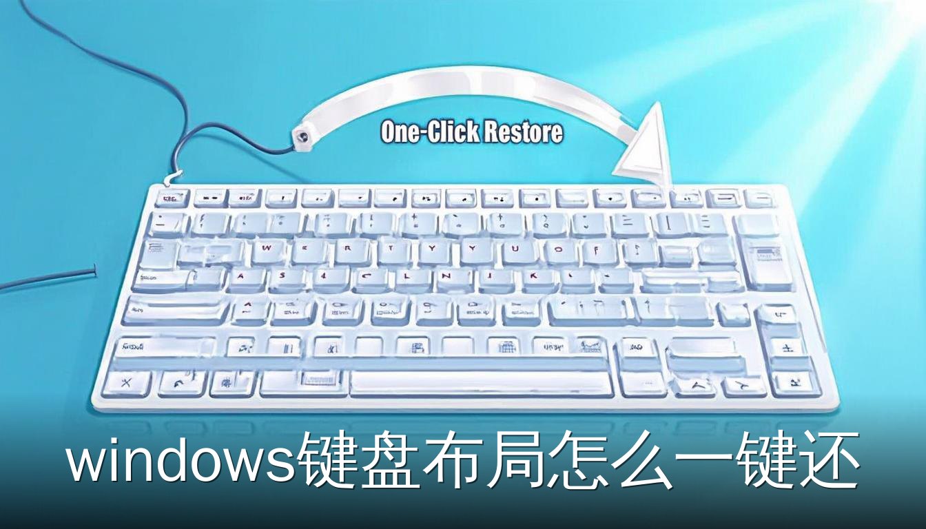 Windows键盘布局一键还原的扁平插画，显示键盘和还原箭头