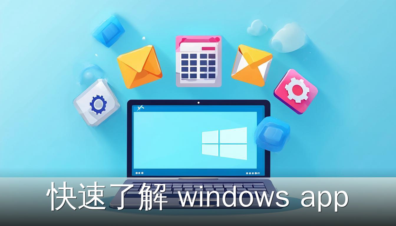 Windows 应用概念图，展示笔记本电脑屏幕上的多个应用图标