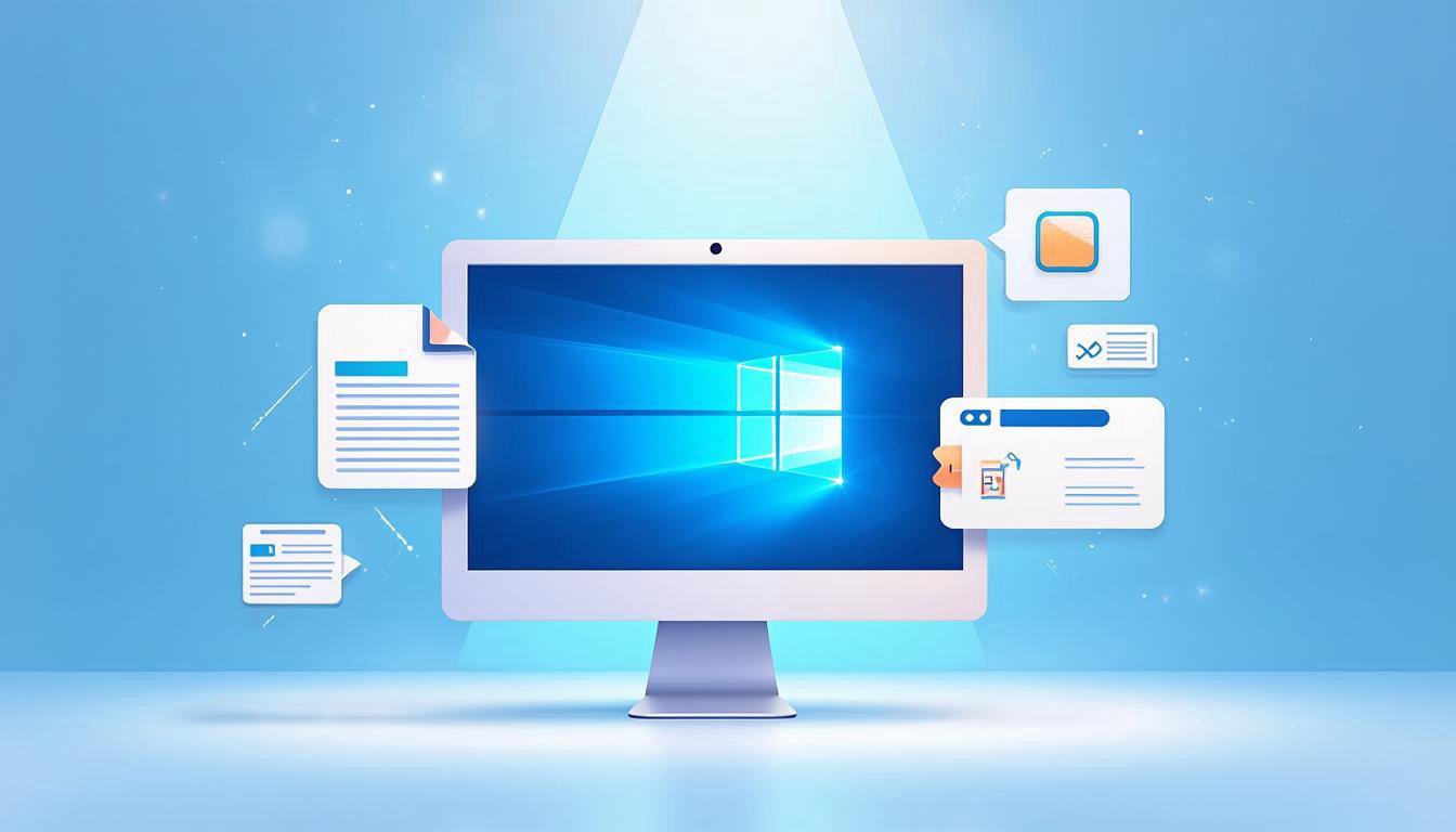 Windows 10 安装包概念图，展示电脑屏幕、Windows 10 徽标和下载图标
